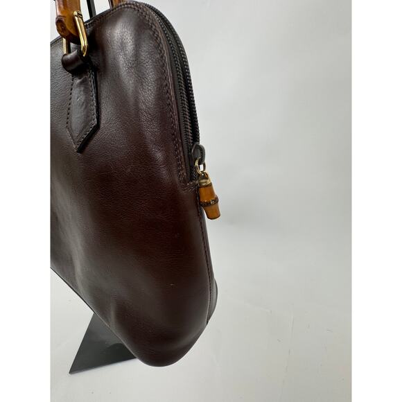 Gucci Brown Leather Bamboo Handles Dome Top Zip Bag - Picture 4 of 8